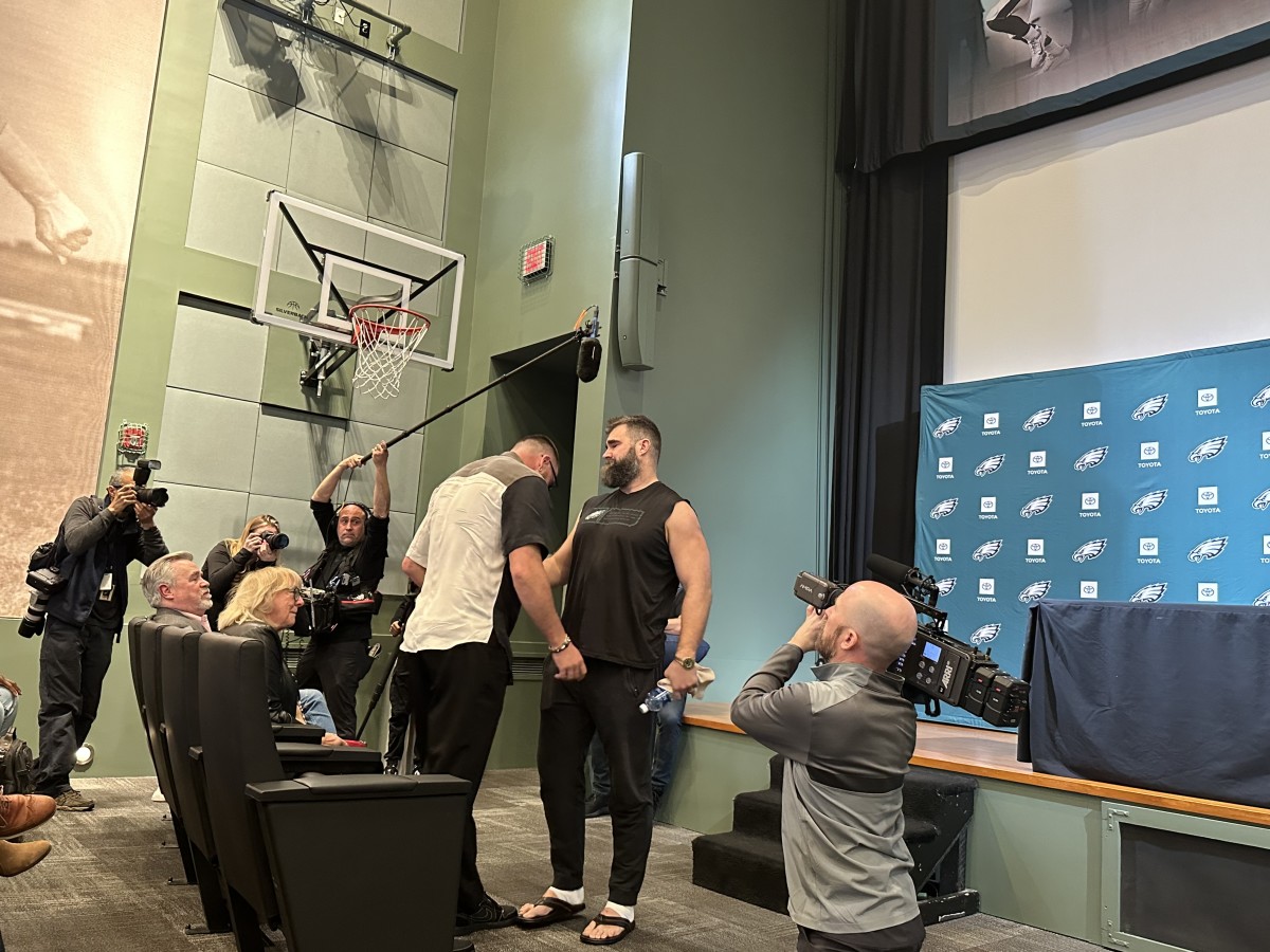 Travis Kelce and his older brother Jason Kelce share a moment after Jason announced his retirement from the NFL on March 4, 2024